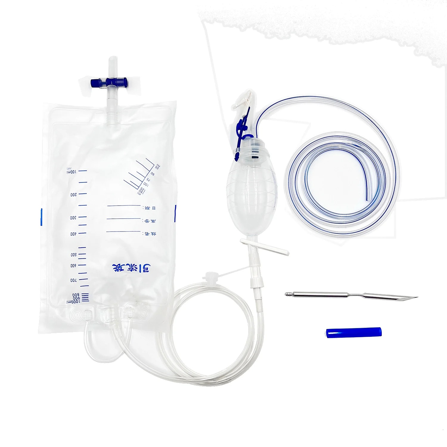 Negative Pressure Wound Drainage Set, Silicone Drain with Suction Bulb, Sterile Single Use